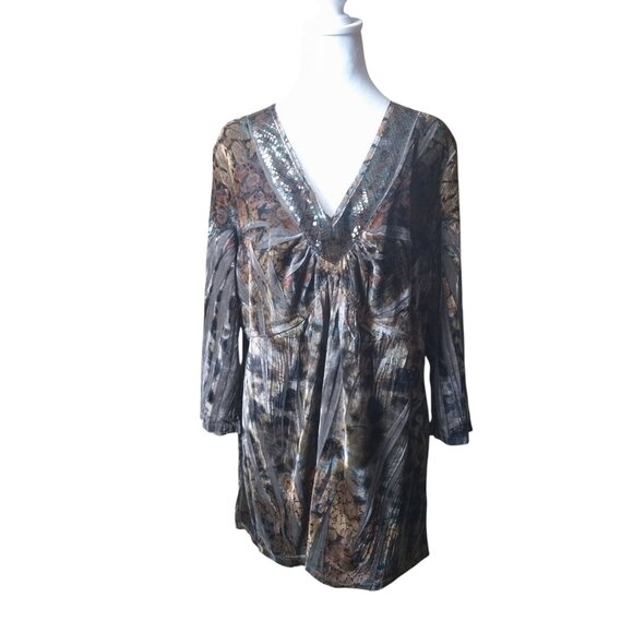 Apt. 9 Women's 2X Brown Velvet Babydoll Beaded Boho Fairy V-Neck Witchy Tunic - Picture 1 of 8